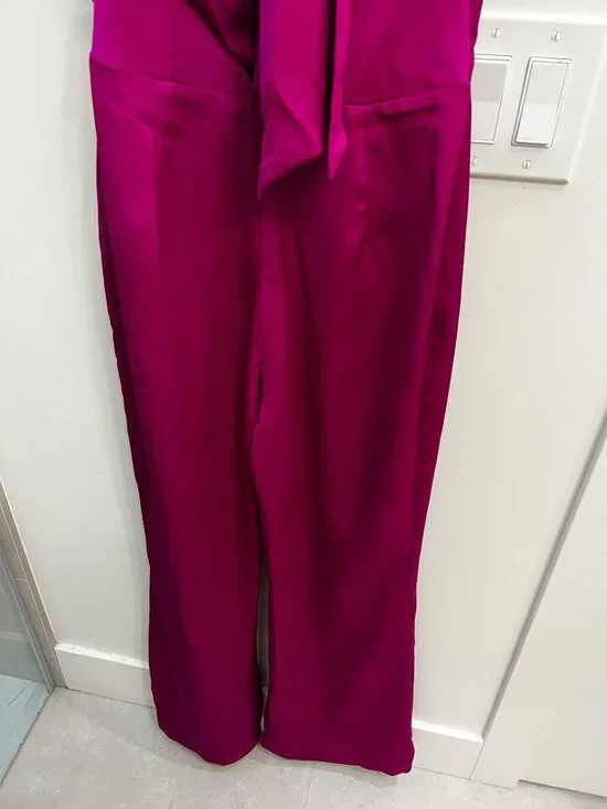 HARLYN Tie Back High Neck Satin Jumpsuit Size S Magenta Event Cocktail Wedding - Picture 10 of 11